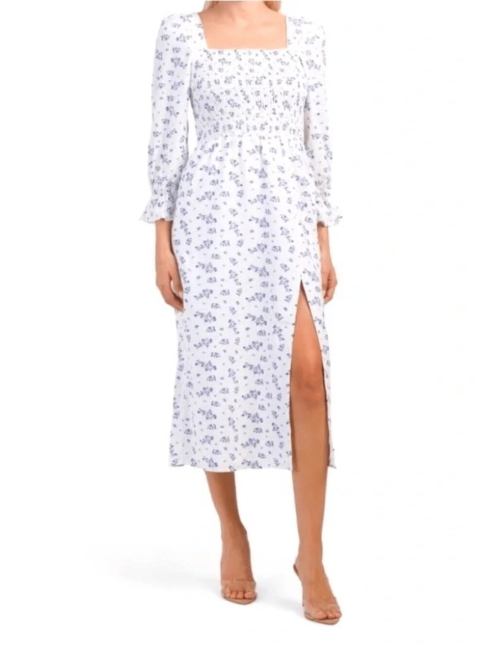 HOUSE OF HARLOW 1960 Linen White Floral Smocked Midi Dress Small
